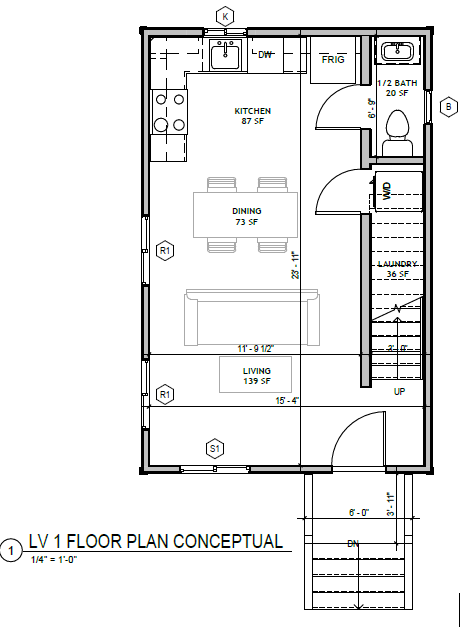 Budget Cottage 2 Bed, first floor plan: kitchen, dining, living, half bath, laundry