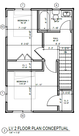 Budget Cottage 2 Bed, second floor plan: two bedrooms, full bath, hall, two closets