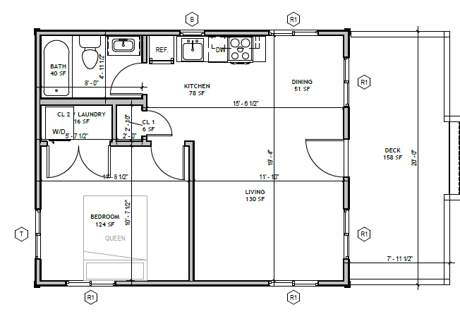 Escape Pod floor plan: bedroom, bath, laundry closet, kitchen, dining, living, deck