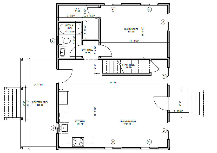 Master on Main 3 Bed, first floor plan: primary bedroom, bath, kitchen, living/dining, covered deck