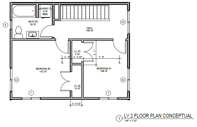 Master on Main 3 Bed, second floor plan: two bedrooms, full bath, hall, laundry closet