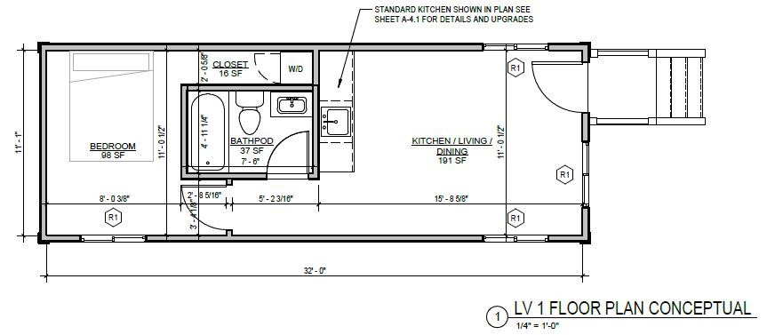Origami Home floor plan: bedroom, closet, bath pod, kitchen/living/dining