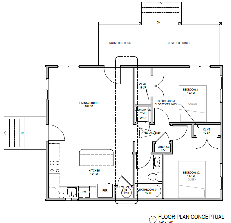 Single Level Cottage 2 Bed floor plan: living/dining, kitchen, two bedrooms, bathroom, covered porch