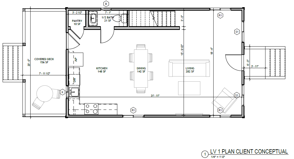 Standard Cottage 3 Bed, first floor plan: kitchen, dining, living, pantry, half bath, covered deck