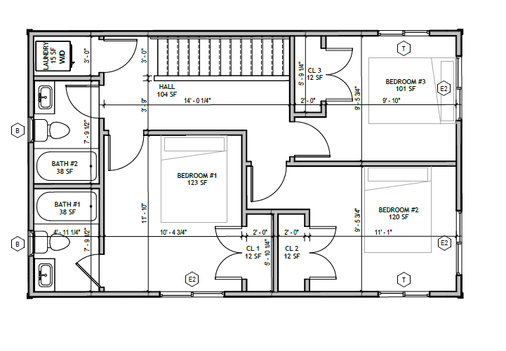 Standard Cottage 3 Bed, second floor plan: three bedrooms, two full baths, hall, laundry closet