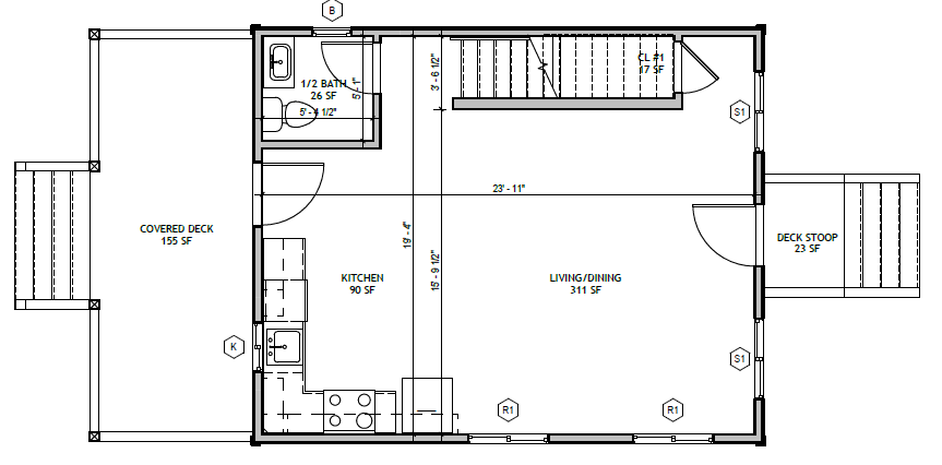 Standard Cottage 2 Bed, first floor plan: kitchen, living/dining, half bath, covered deck