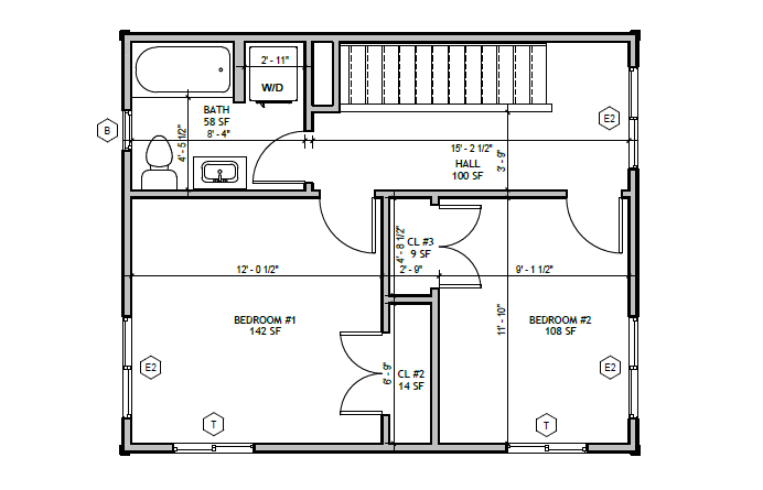 Standard Cottage 2 Bed, second floor plan: two bedrooms, full bath, hall, washer/dryer