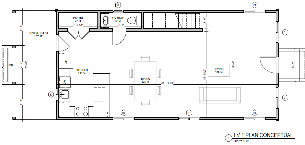 Standard Cottage XL 3 Bed, first floor plan: kitchen, dining, living, pantry, half bath, covered deck