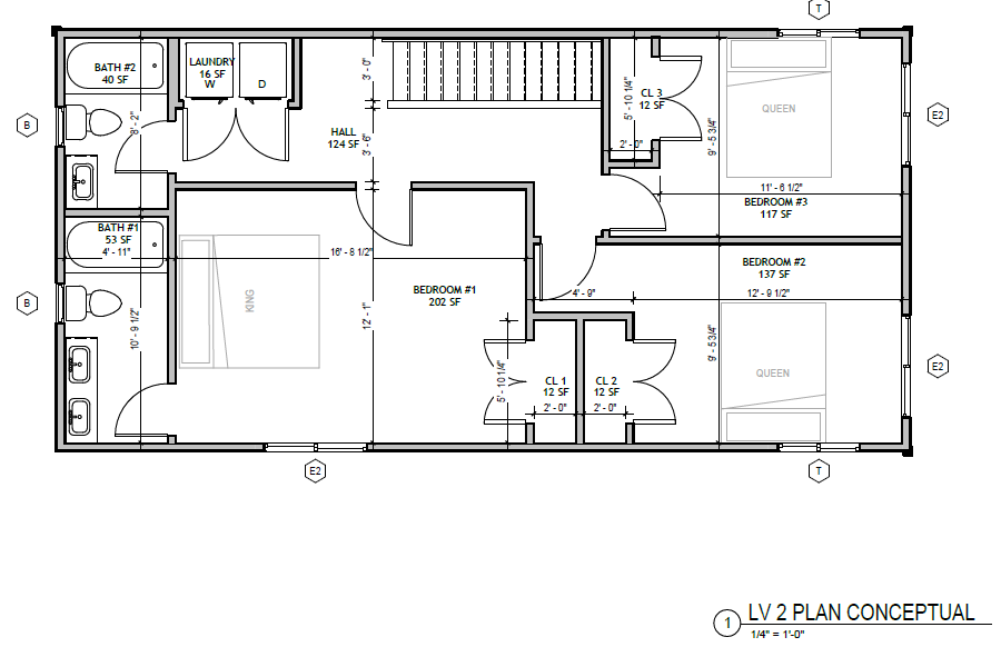 Standard Cottage XL 3 Bed, second floor plan: primary bedroom with ensuite bath, two more bedrooms, second full bath, laundry closet