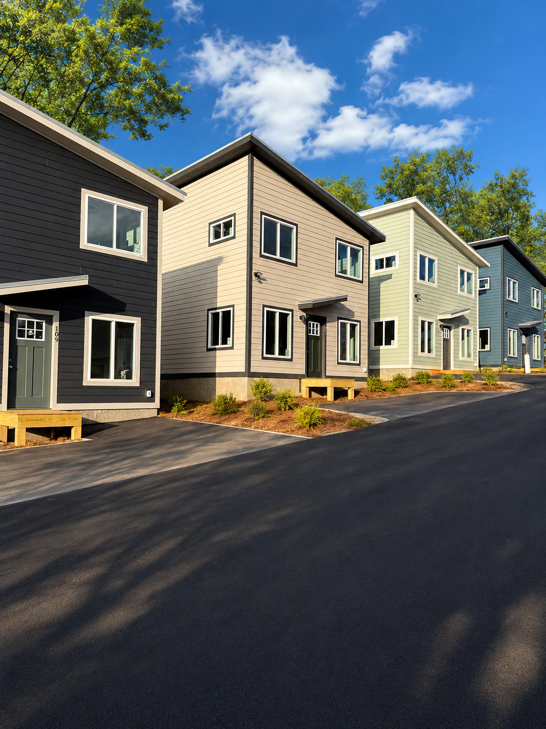 A row of completed Compact Cottages cottage court homes along a residential street