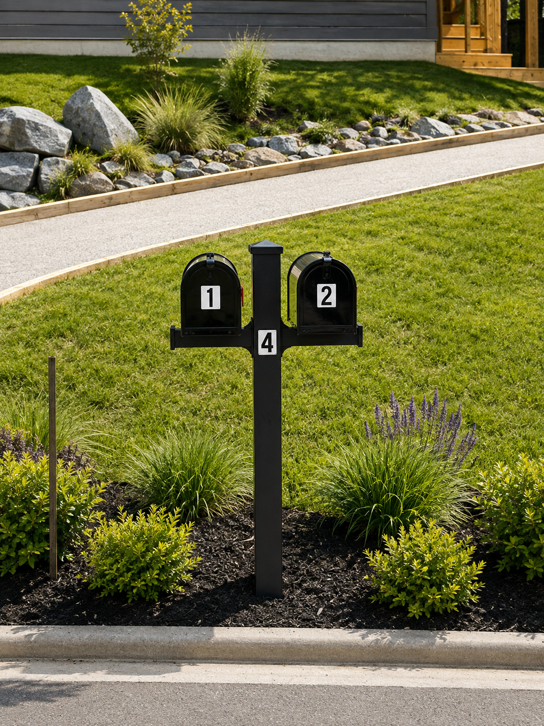 Finished landscaping and mailbox post at a Compact Cottages community