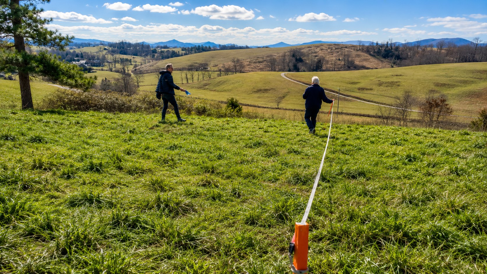 Compact Cottages team surveying a hillside lot in the Asheville area