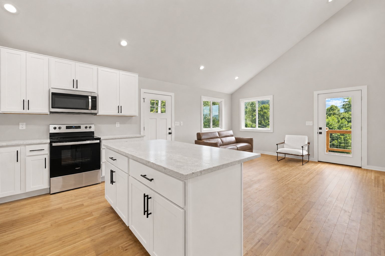 Single Level Cottage 2 Bed, kitchen island open to living room